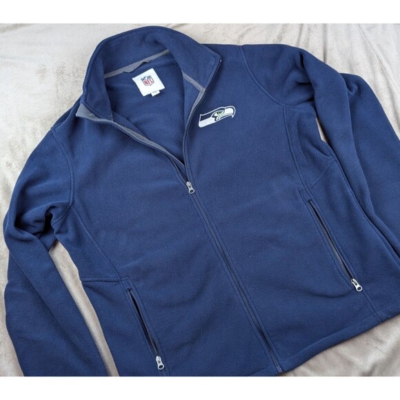 Seattle Seahawks NFL Blue Fleece Jacket Mens Medium Full Zip Drawstring - Picture 2 of 10